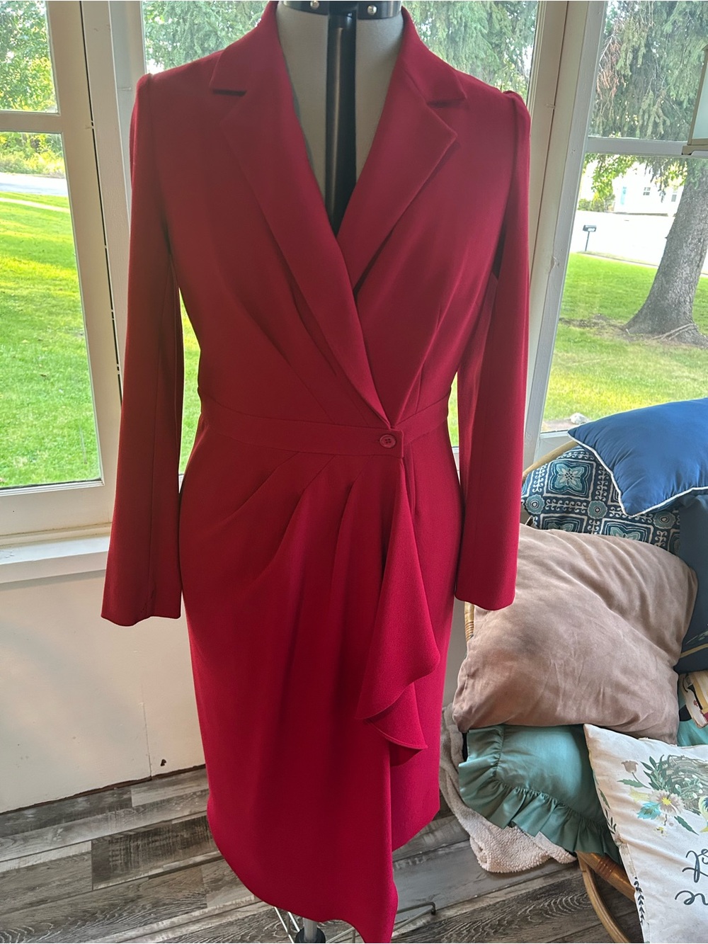Teri Jon Crimson Draped Long-Sleeve Midi Dress, Wrap Style V Neck and Collar